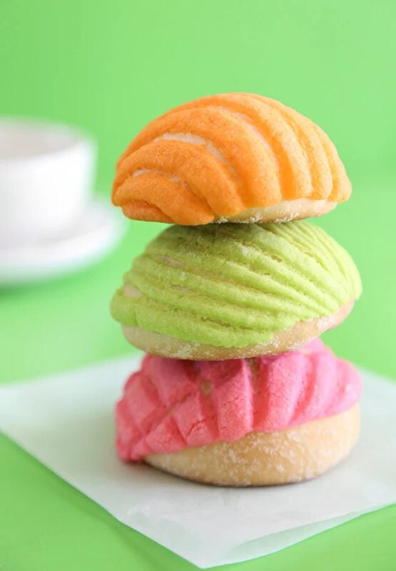 Three Mexican conchas stacked on top of each other