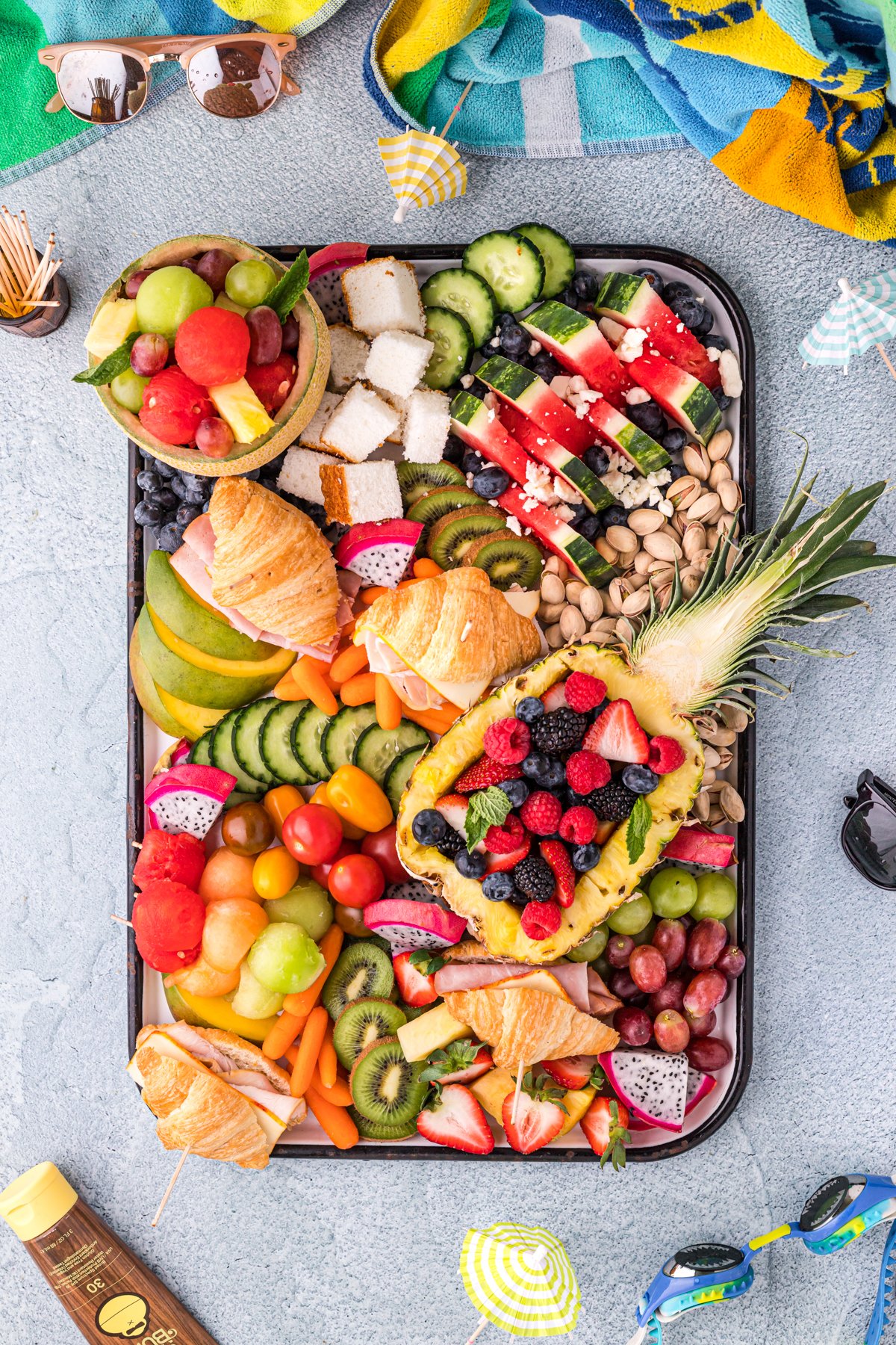 summer charcuterie board with fruit and veggies