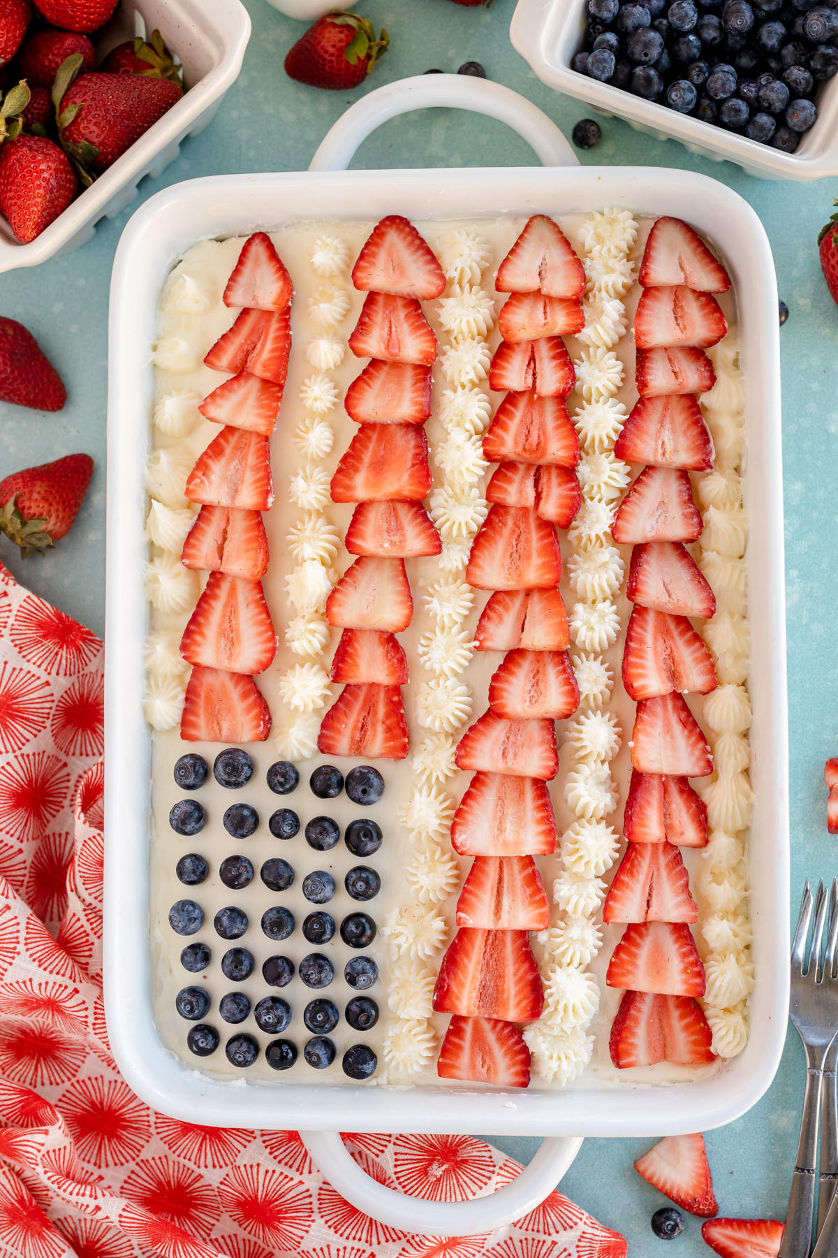 decorated flag cake in a baking pan