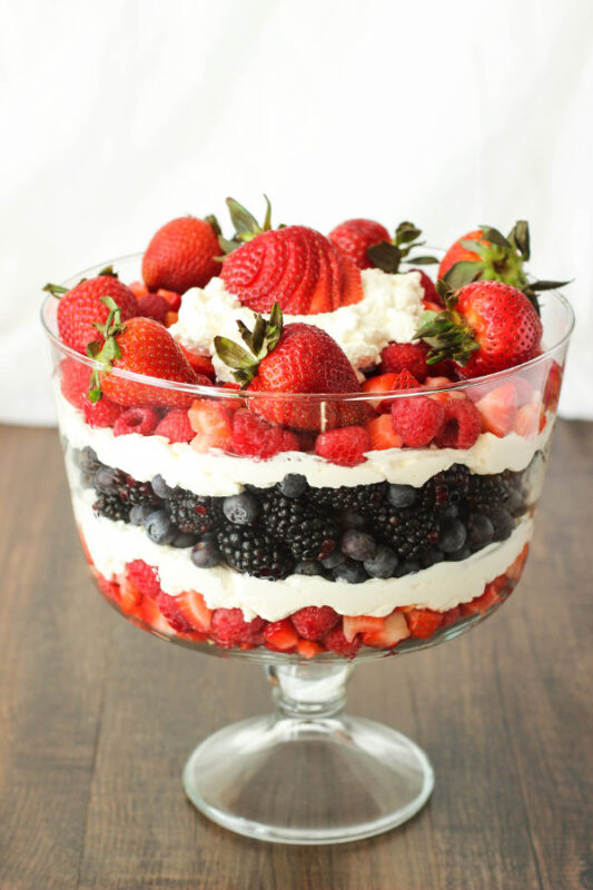 Berry trifle in a glass dish