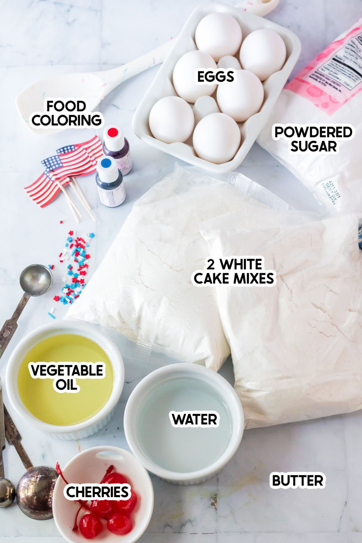ingredients to make a red white and blue cake with labels