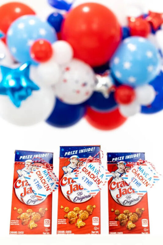 cracker jacks with 4th of july favor tags on them