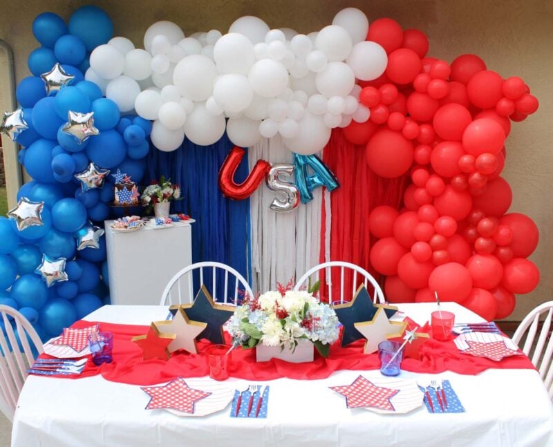 red white and blue balloon garland