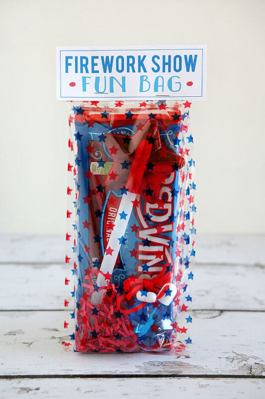 bag with treats and a fireworks fun bag tag