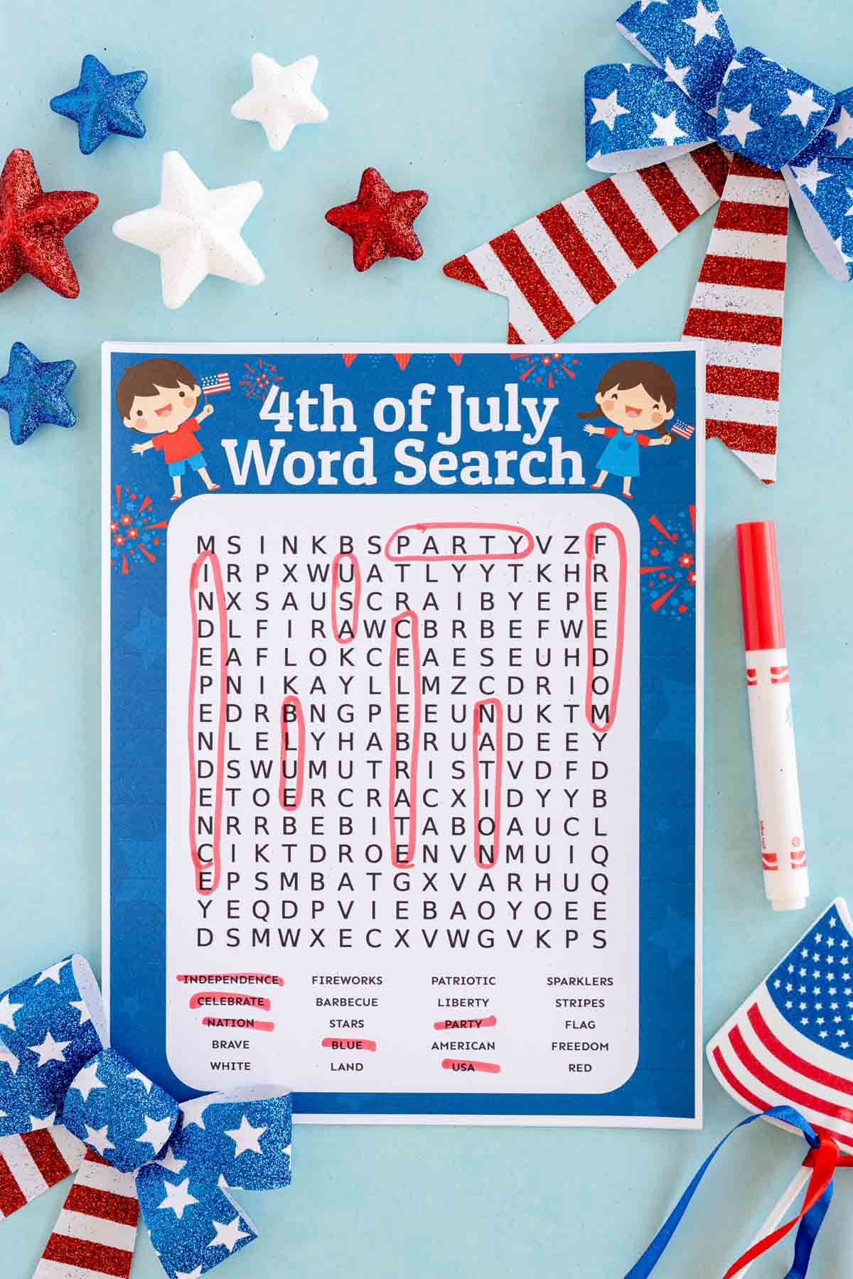 4th of July word search with words circled in red