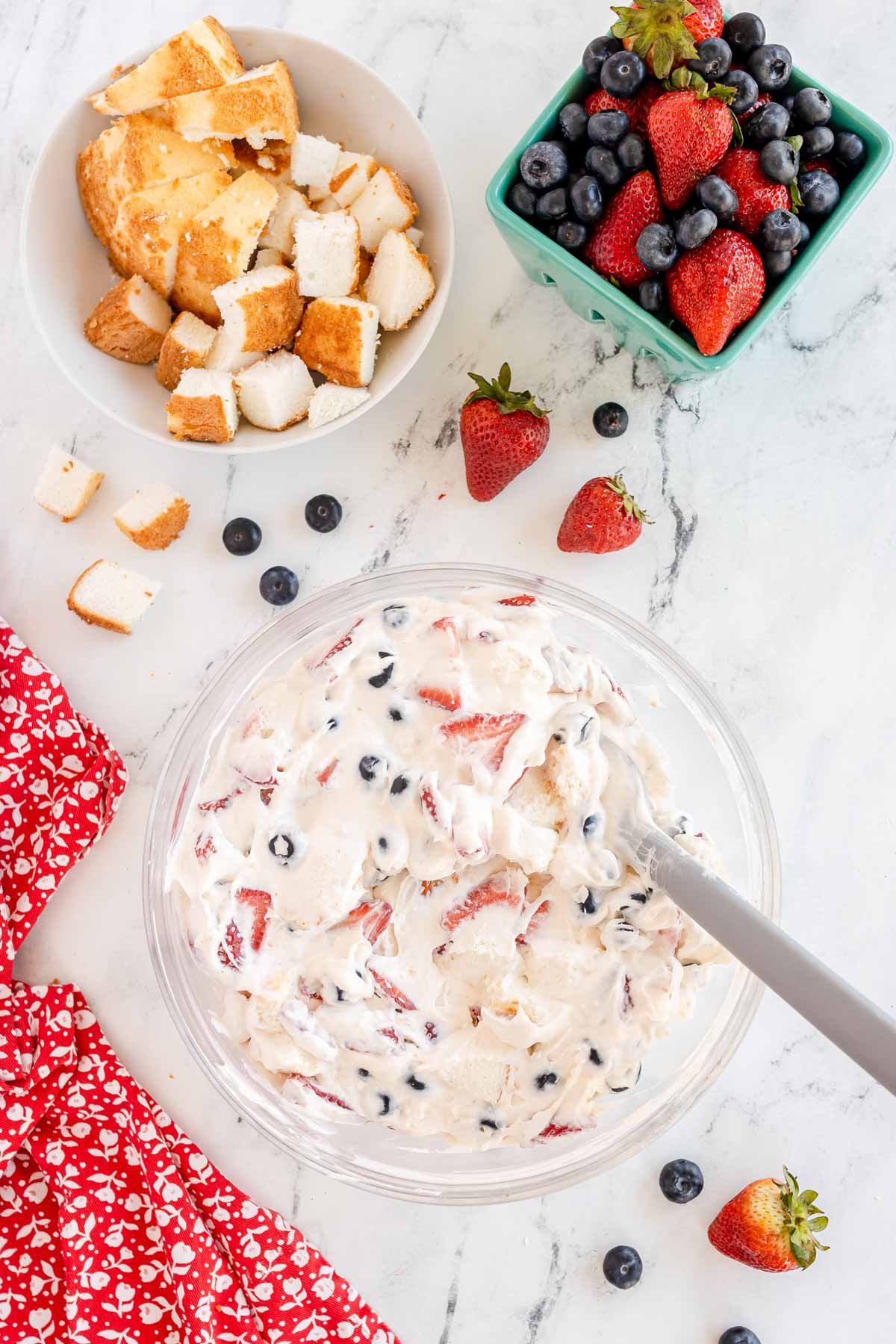 berry cheesecake fluff in a glass bowl