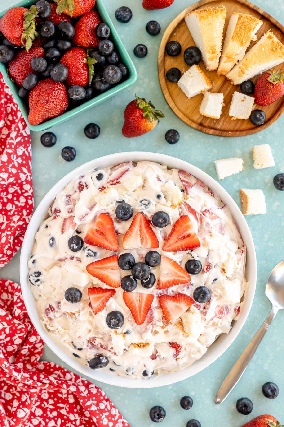 top down view of a bowl of berry cheesecake fluff