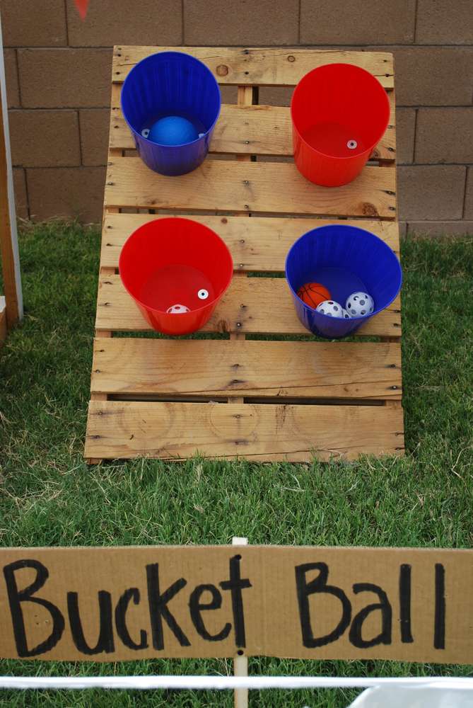 bucket ball game on pallets