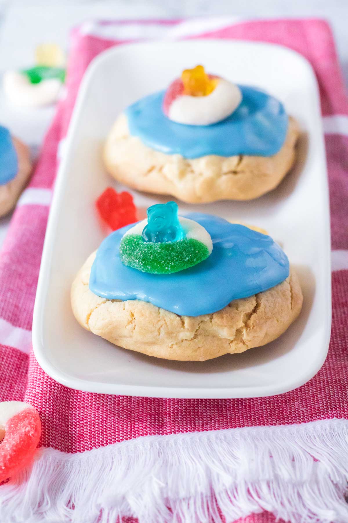 pool party cookies on a white tray
