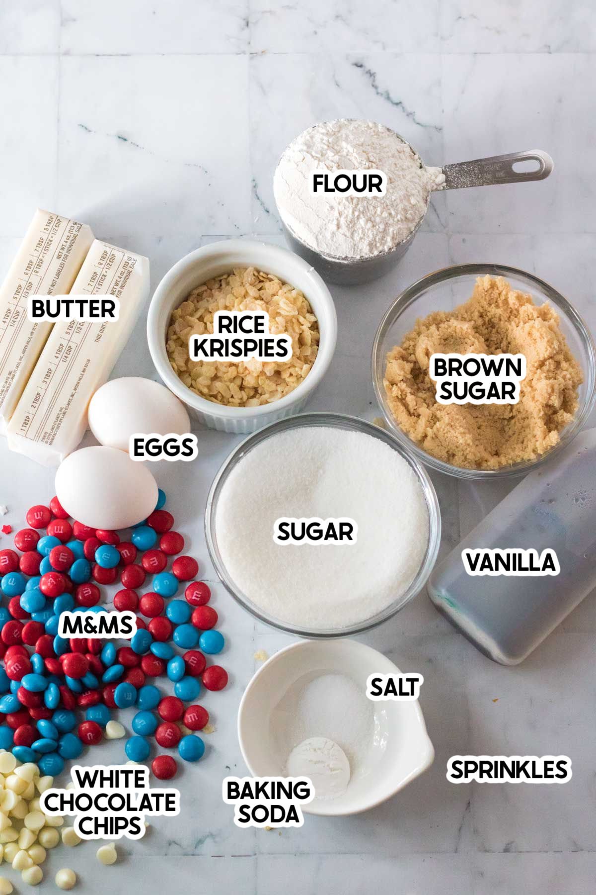ingredients for rice krispie cookies with labels