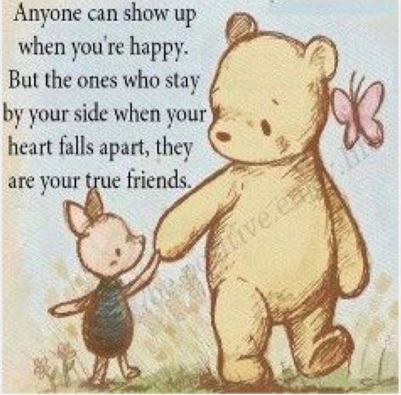 pooh and piglet holding hands with a winnie the pooh quote
