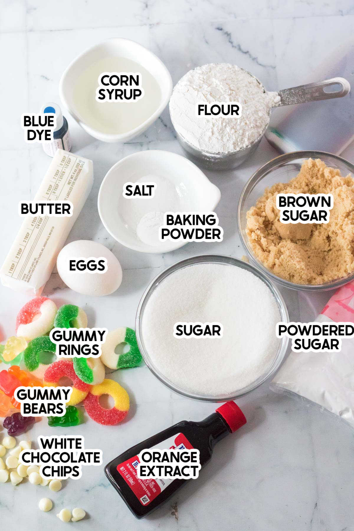ingredients to make pool party cookies with labels