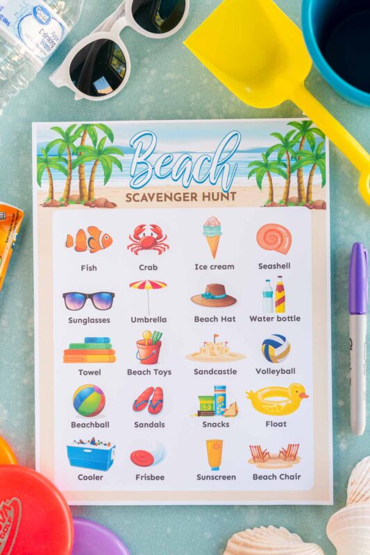 Printed out beach scavenger hunt