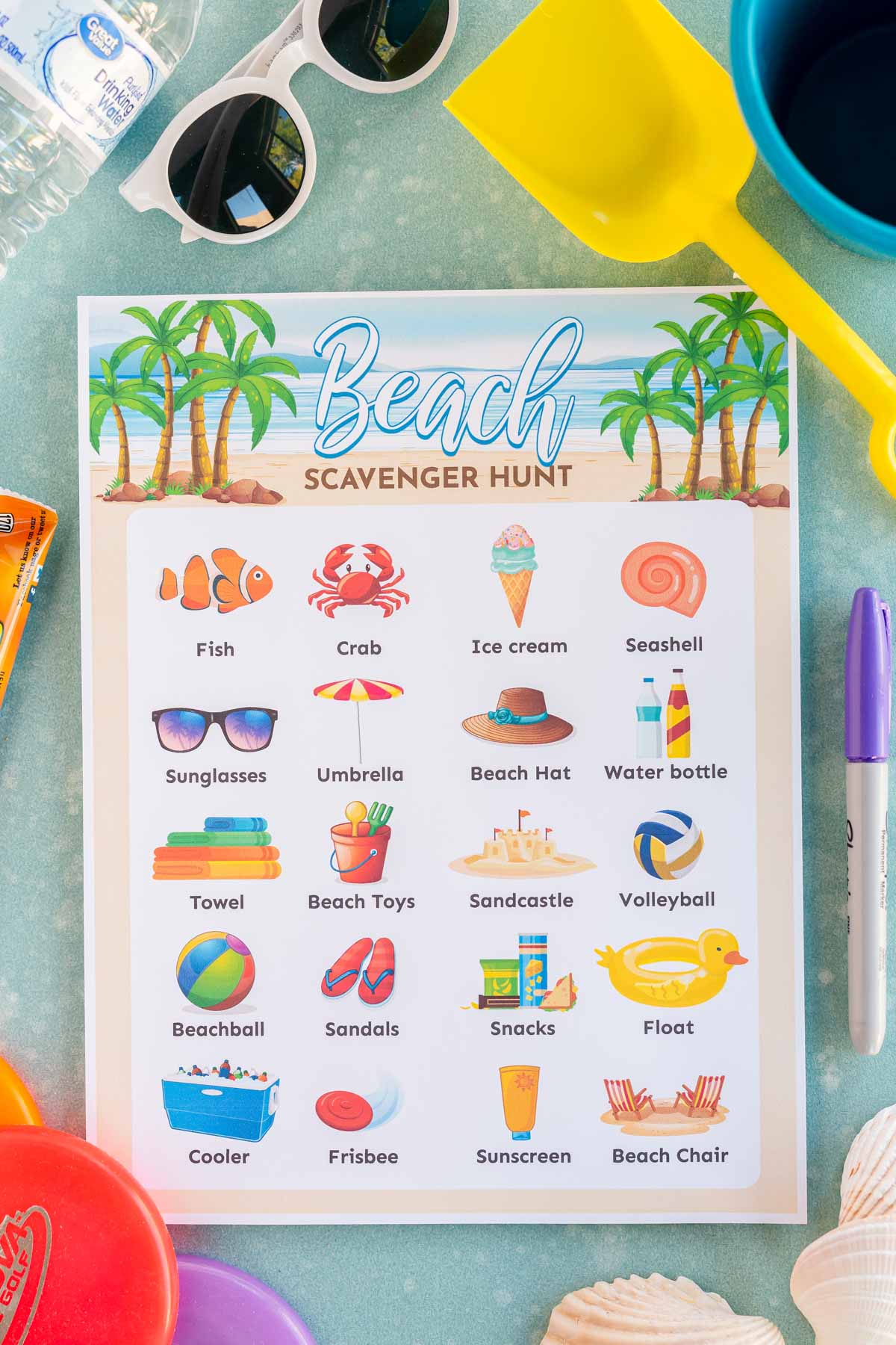 Printed out beach scavenger hunt