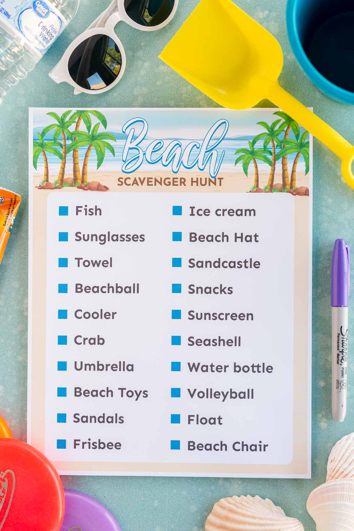 beach scavenger hunt with list of items