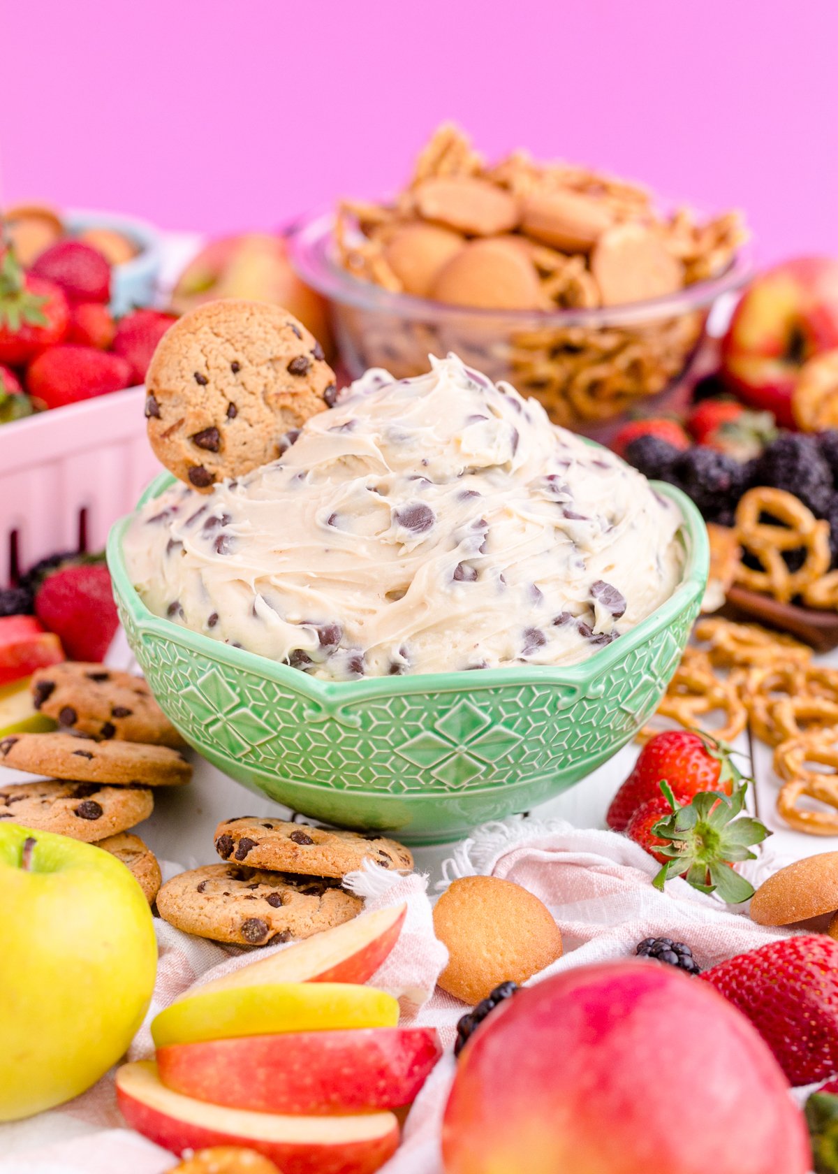 chocolate chip cookie dough dip surrounded by dippers