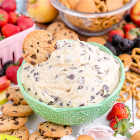 chocolate chip cookie dough dip in a green bowl