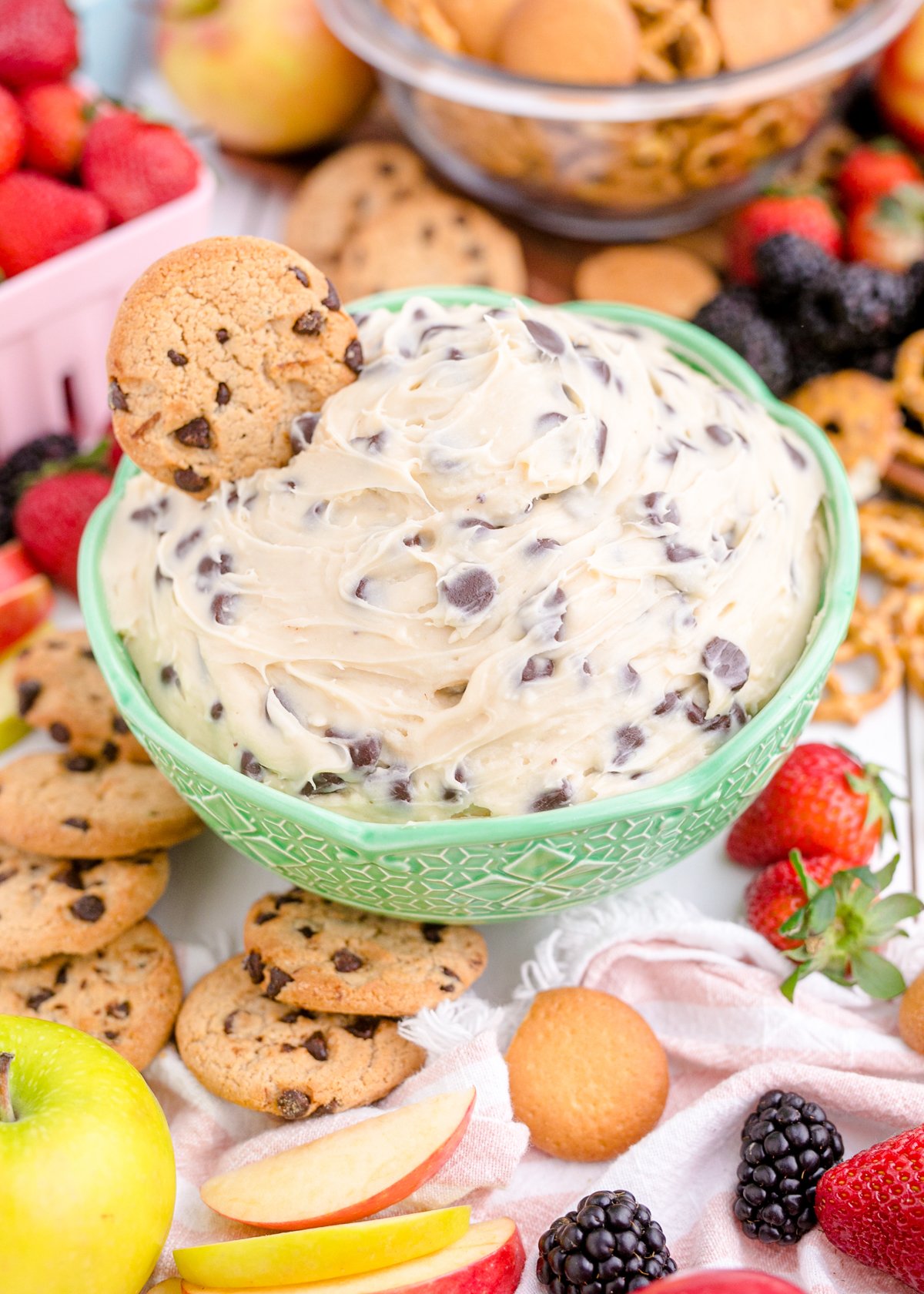 green bowl filled with cookie dough dip