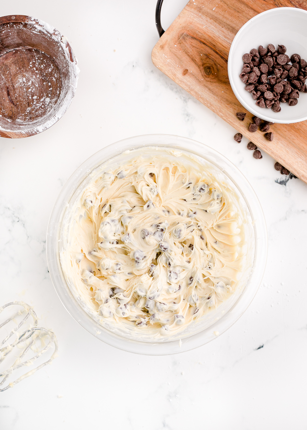 chocolate chip cookie dough dip in a glass bowl