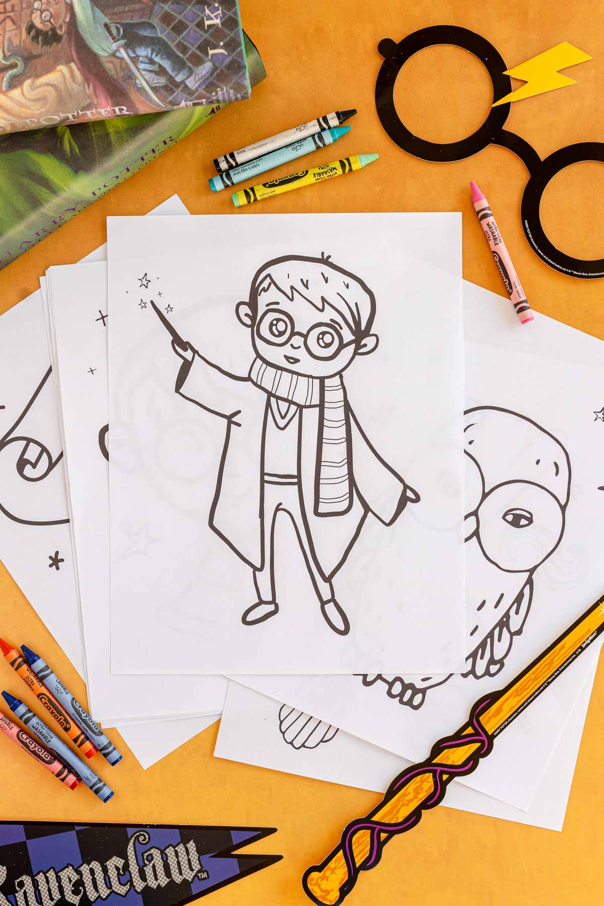 Harry Potter coloring pages in a pile