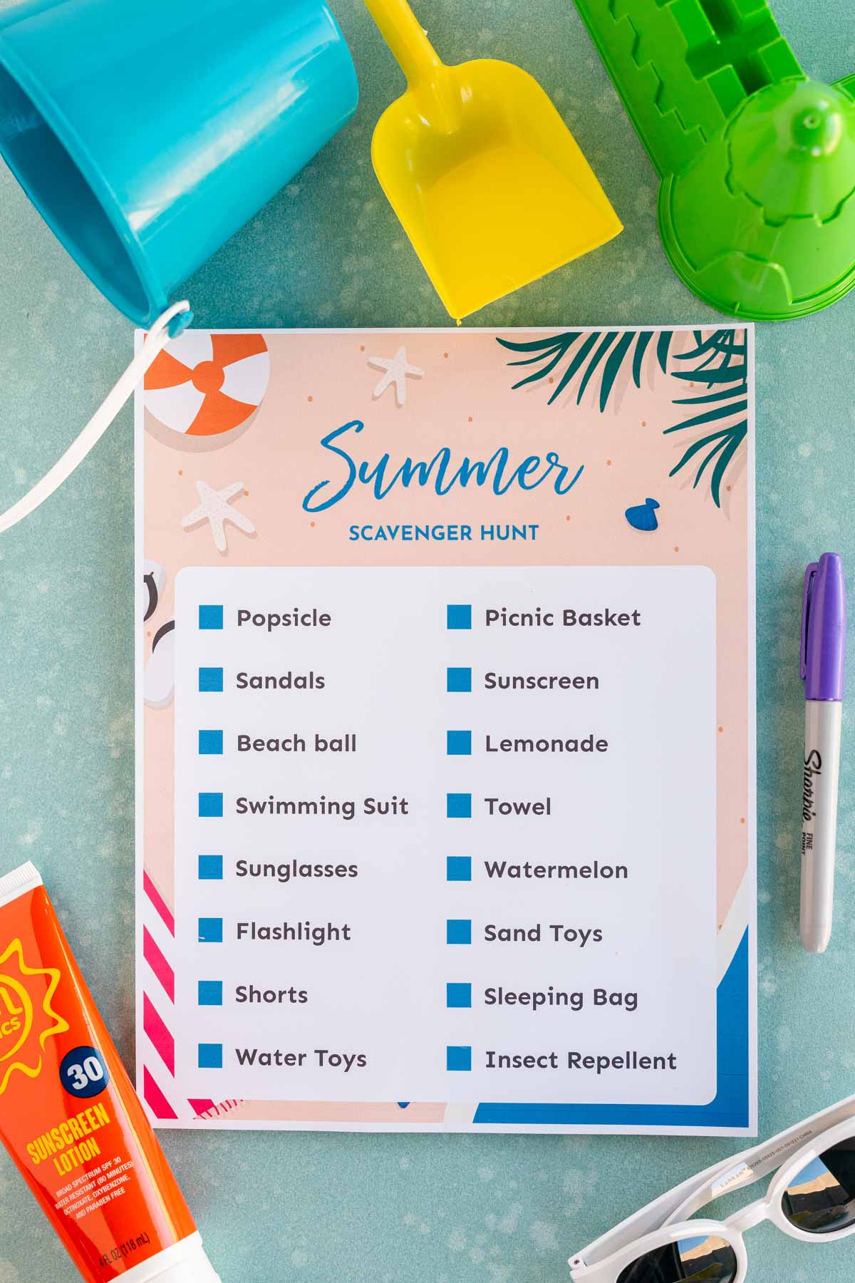 summer scavenger hunt with summer items all around