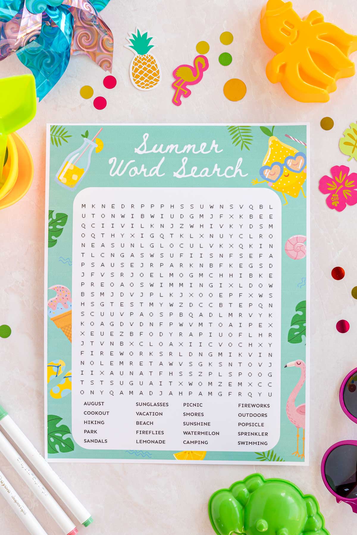 summer word search with summer items around