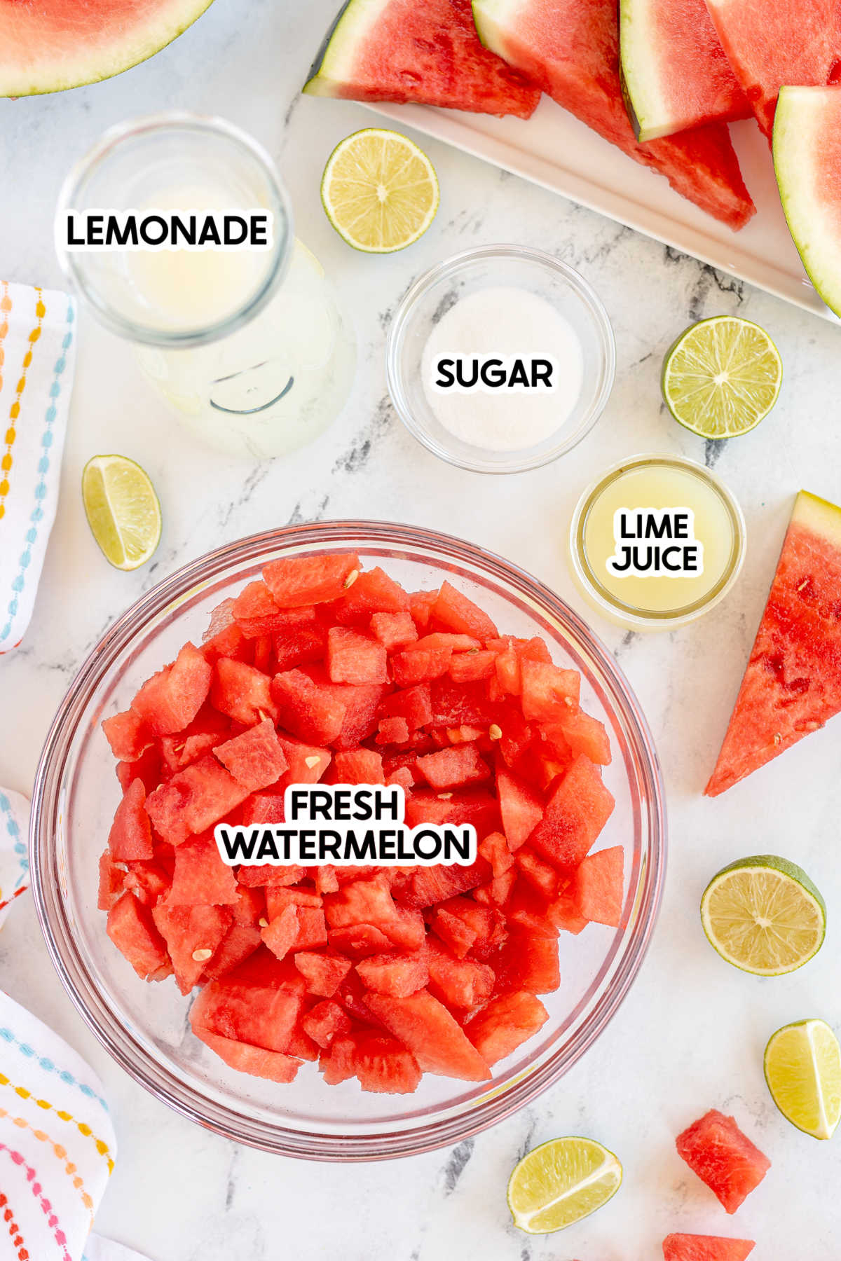 ingredients for a watermelon slushie with labels