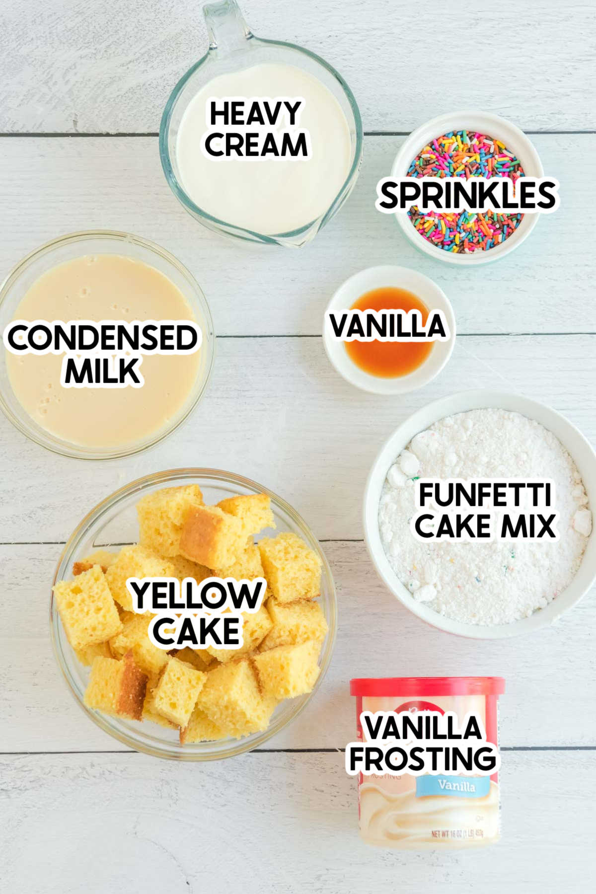 ingredients to make birthday cake ice cream with labels