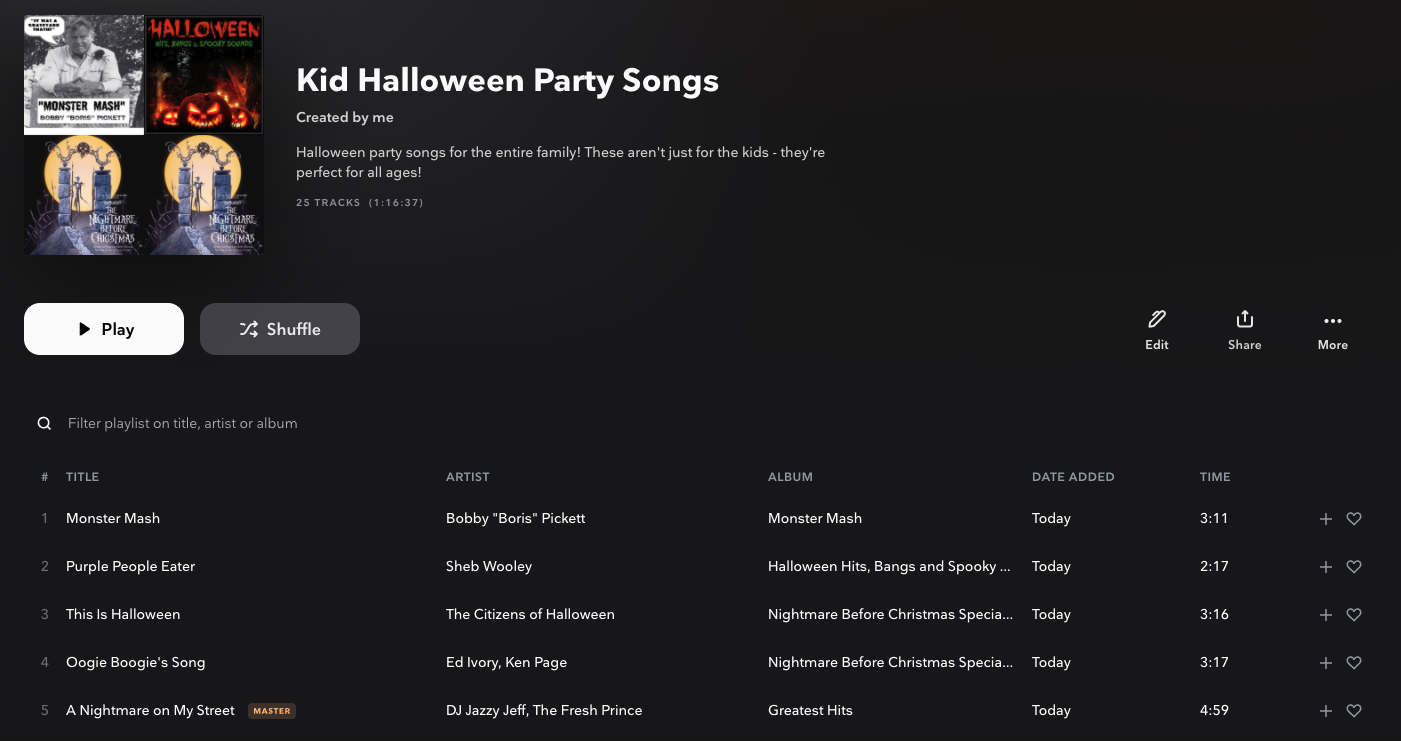 Kids Halloween playlist screenshot