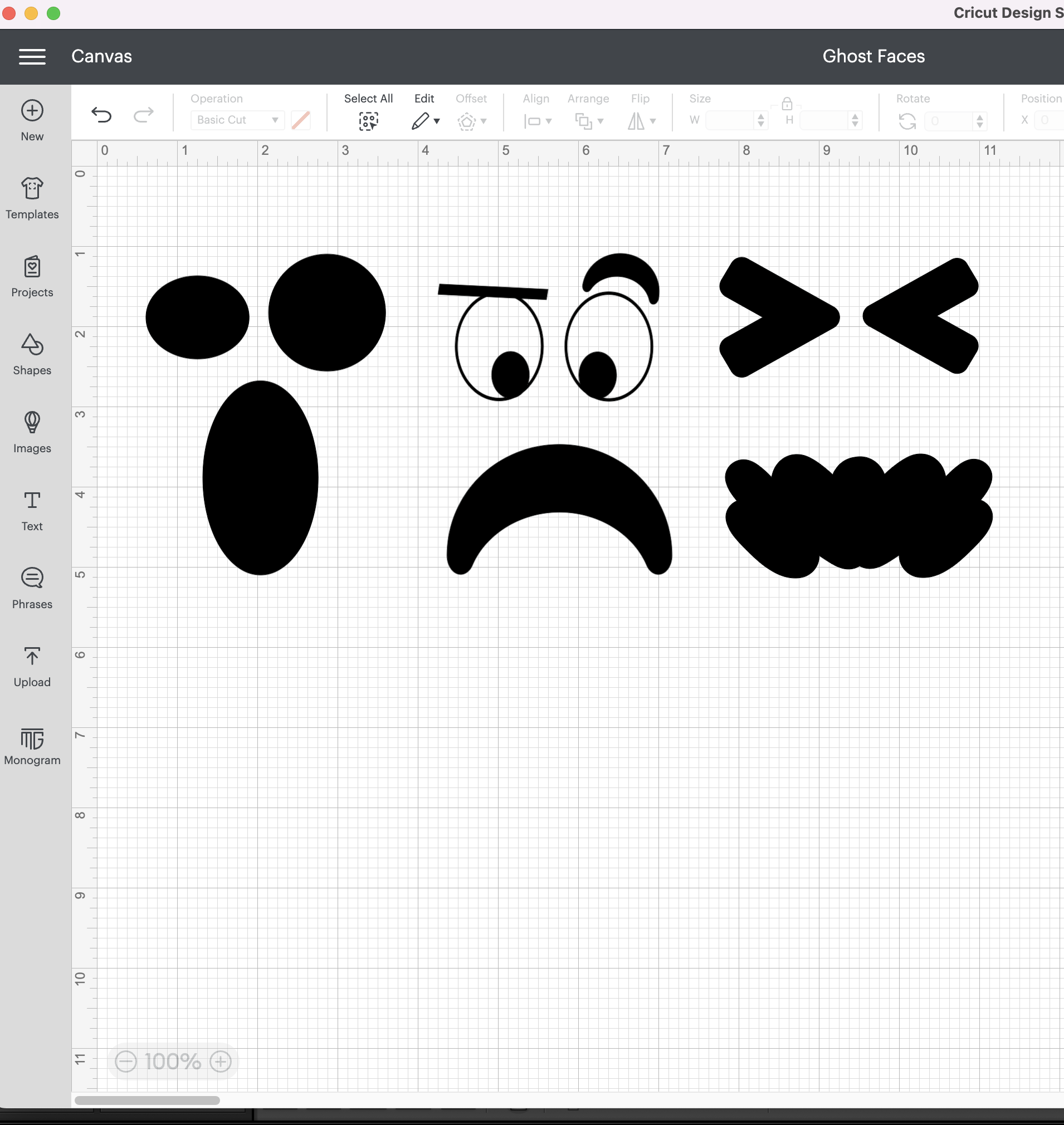 screenshot of ghost faces in Cricut Design Space