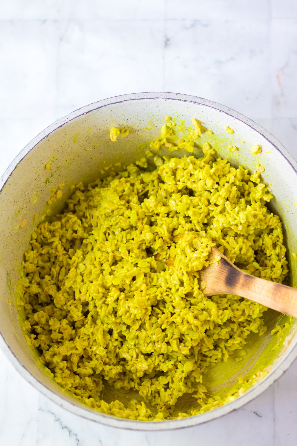 green rice krispie treats in a white bowl