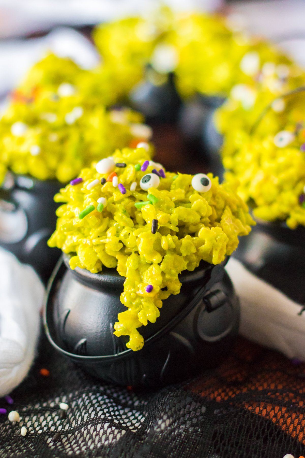 cauldron cupcakes topped with rice krispies