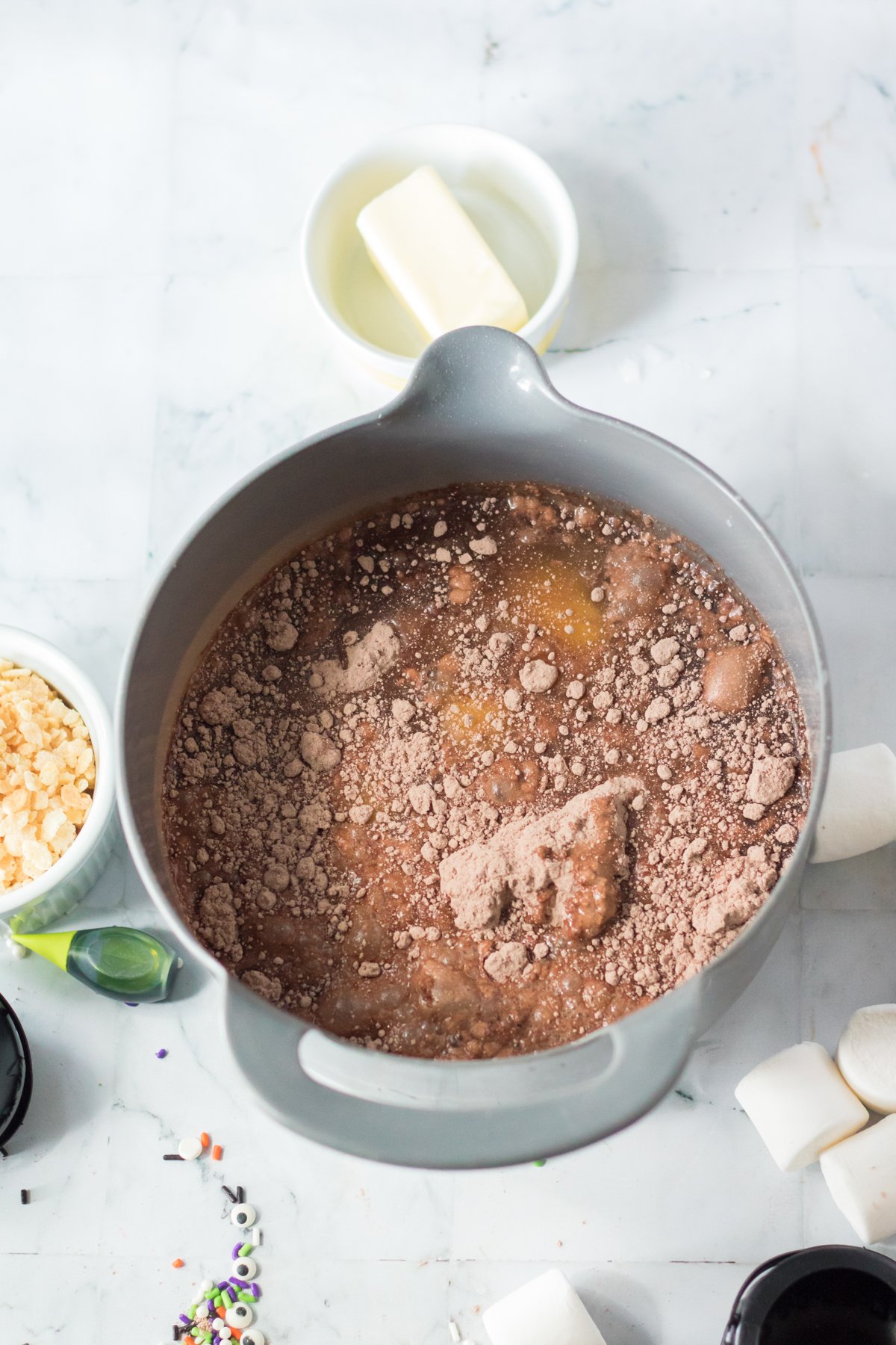 chocolate cake batter in a pan