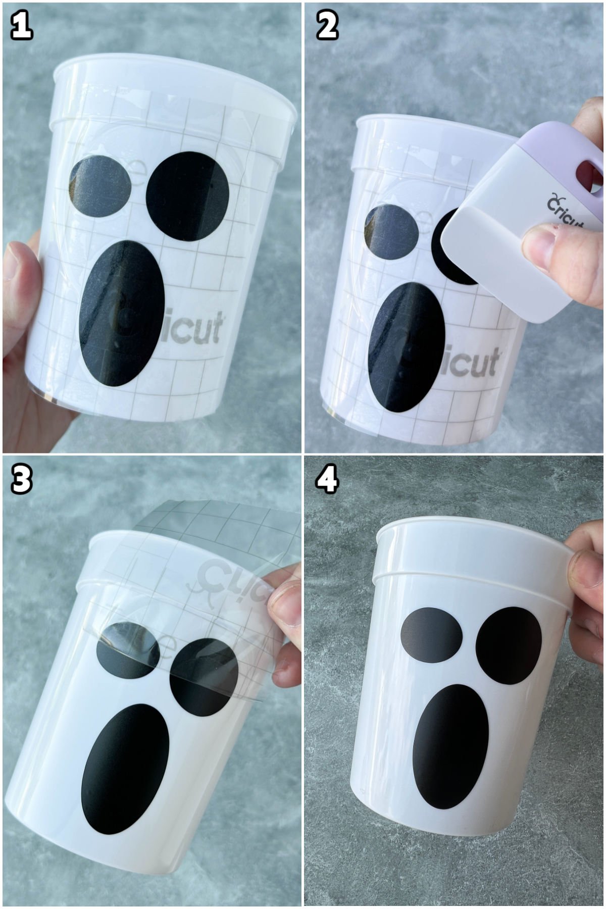 collage showing moving vinyl from transfer tape to cup