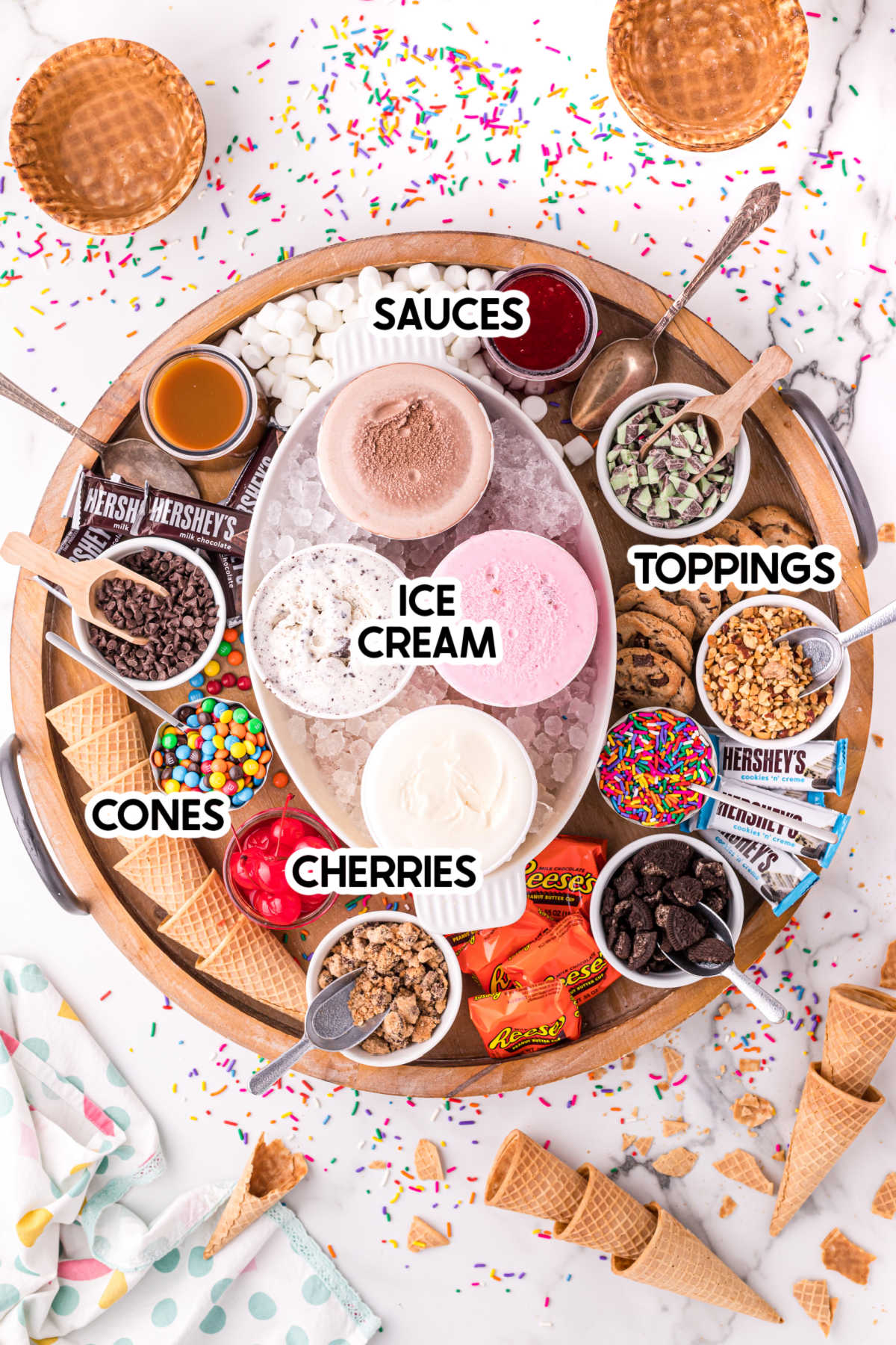 ice cream sundae bar toppings with labels