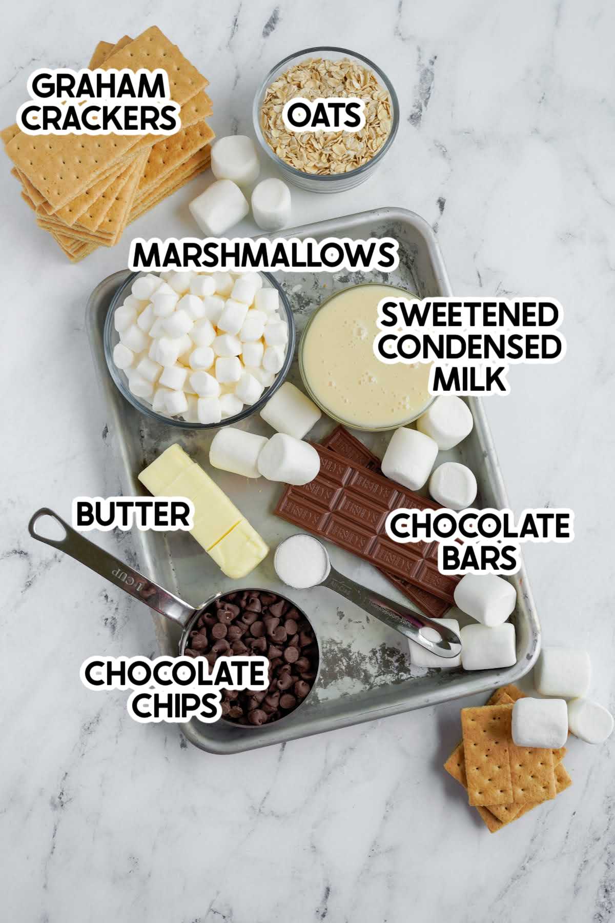 ingredients for s'mores bars with labels