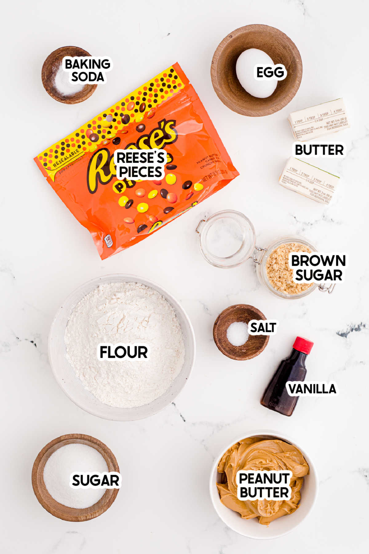 ingredients to make reeses pieces cookies with labels