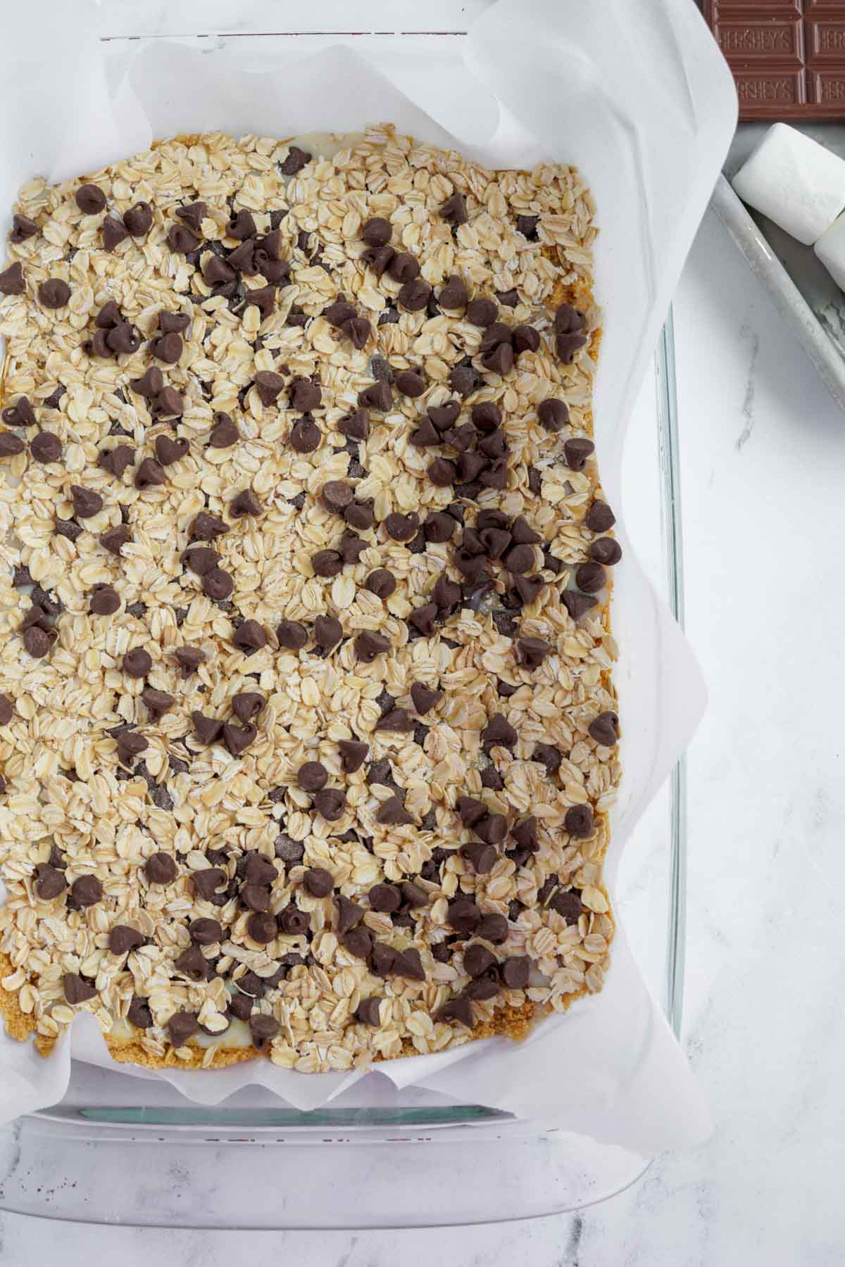 oats and chocolate chips in a pan