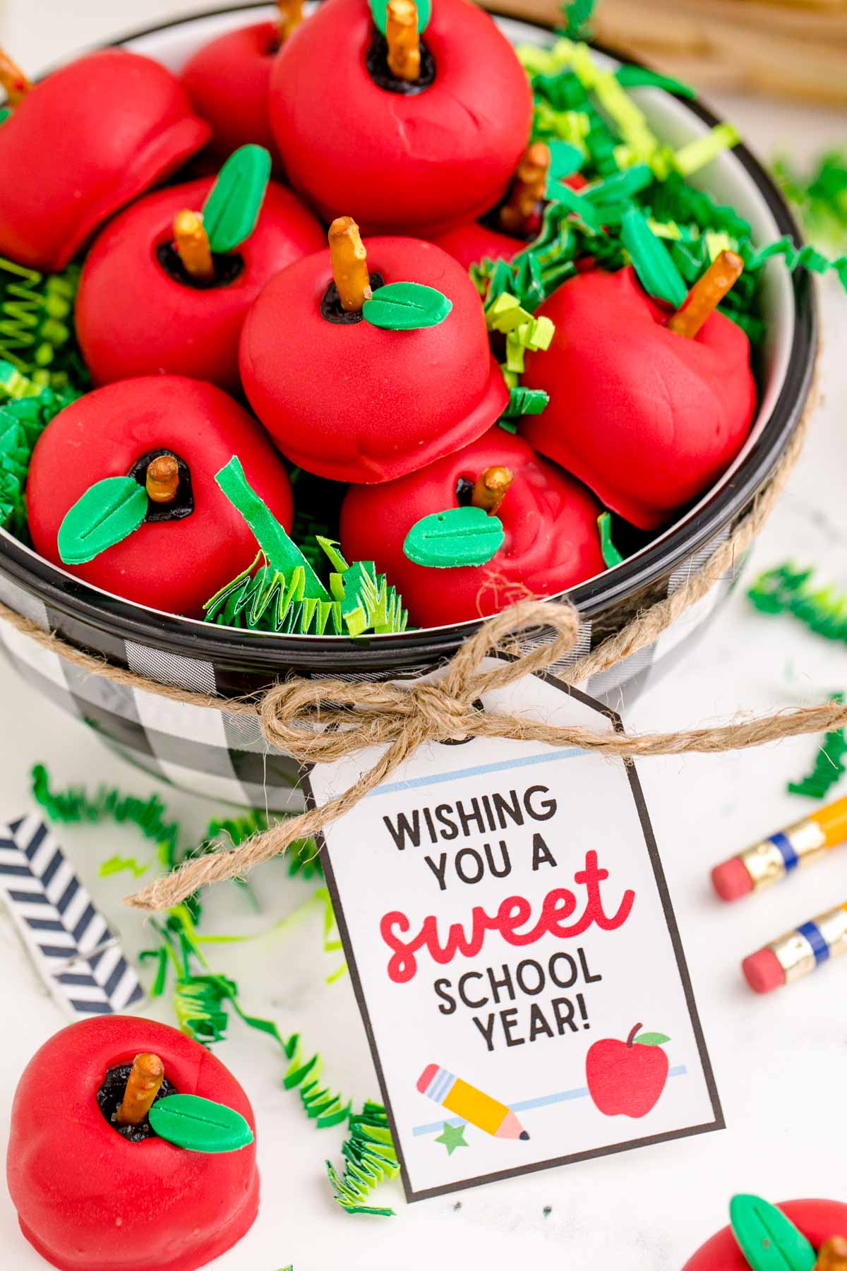 bowl of apple Oreo balls with a teacher gift tag