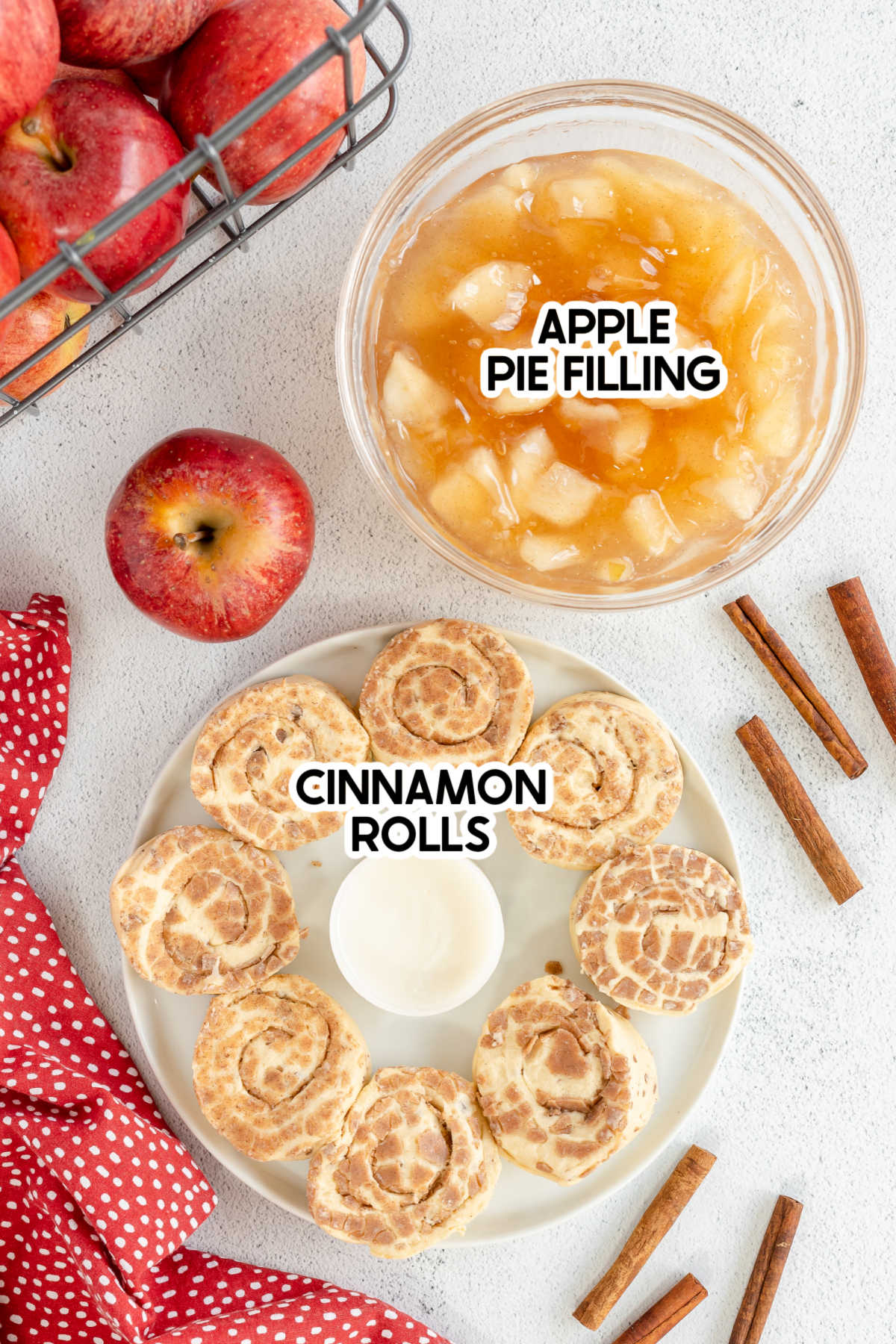 ingredients in apple pie cups with labels