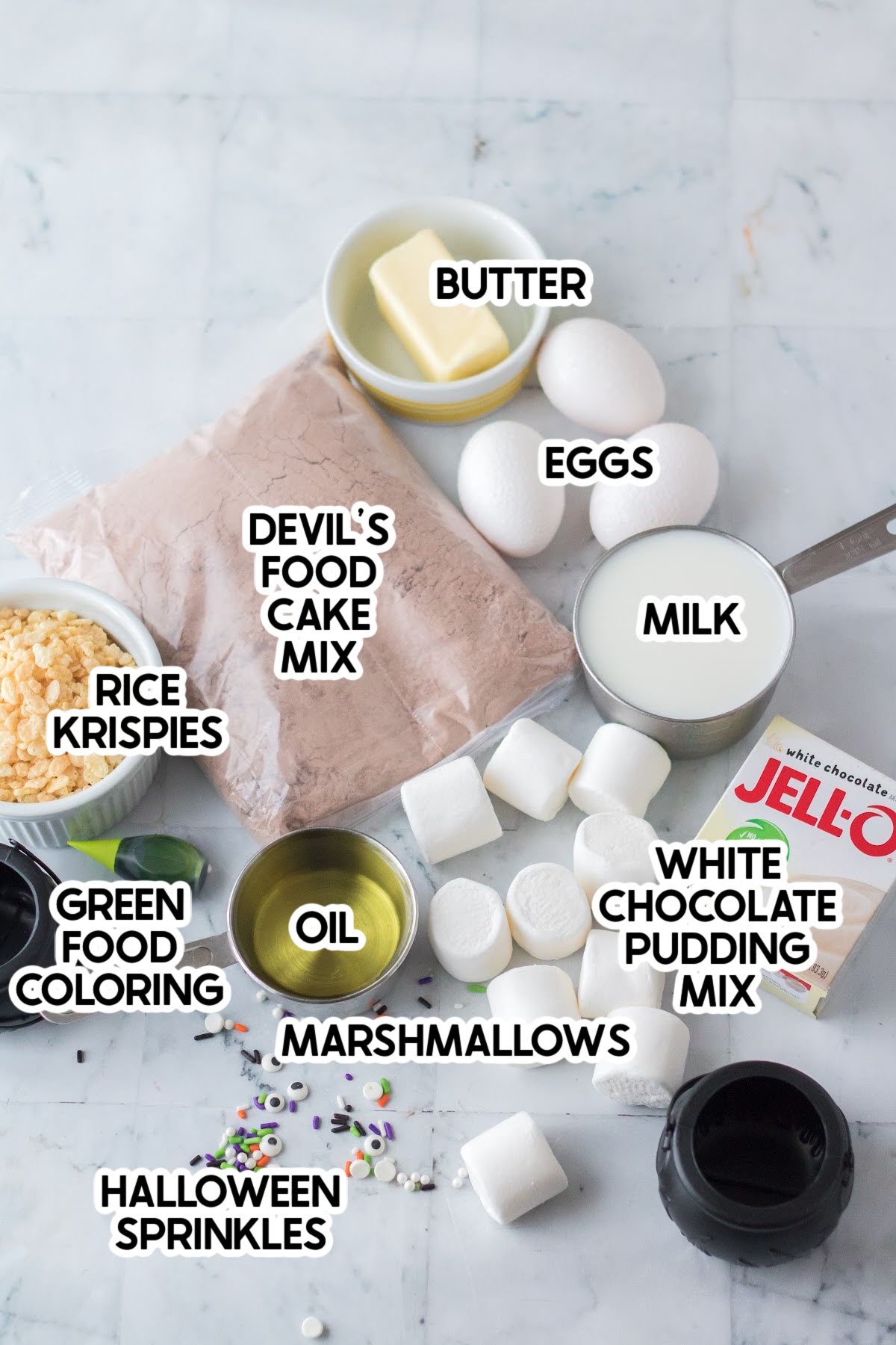 ingredients for cauldron cupcakes with labels