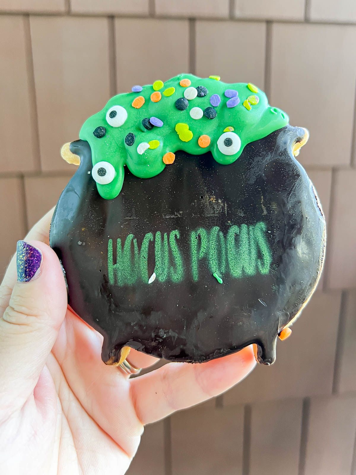 hand holding a cookie that says hocus pocus