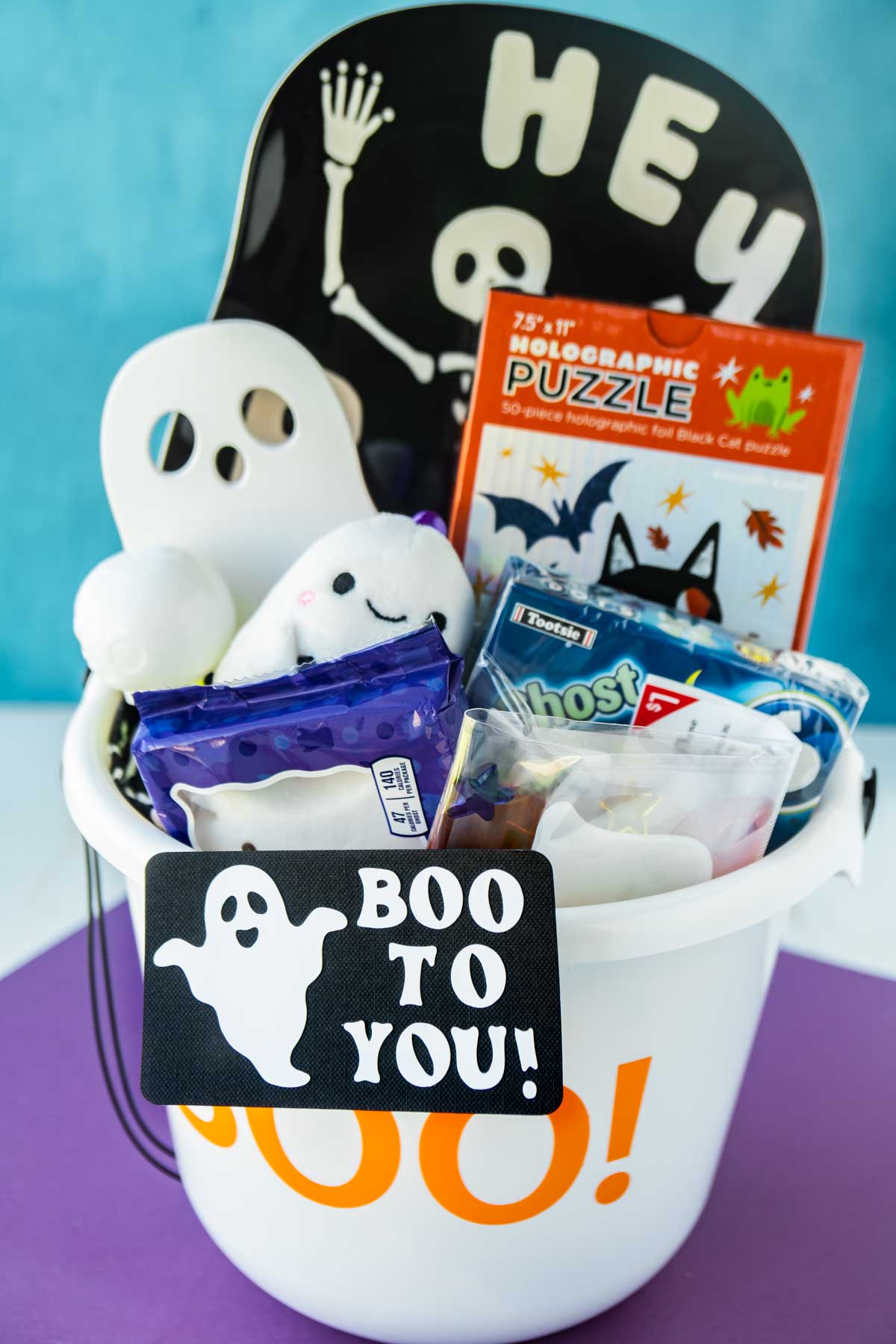 boo to you bucket with a gift tag