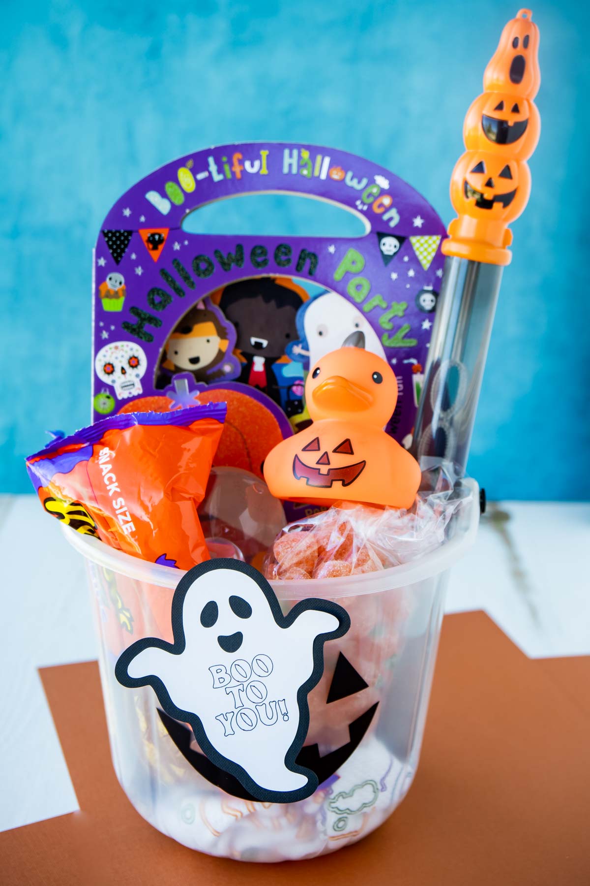 Boo bucket with a ghost gift tag
