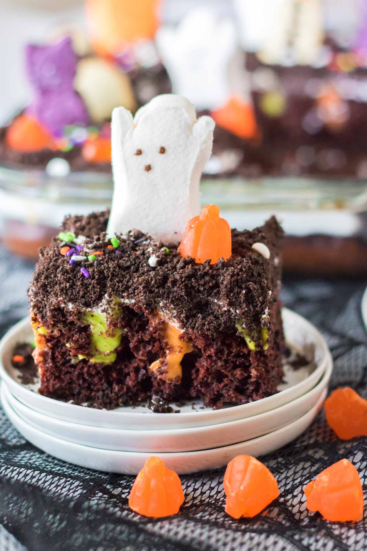 piece of Halloween dirt cake on white plates