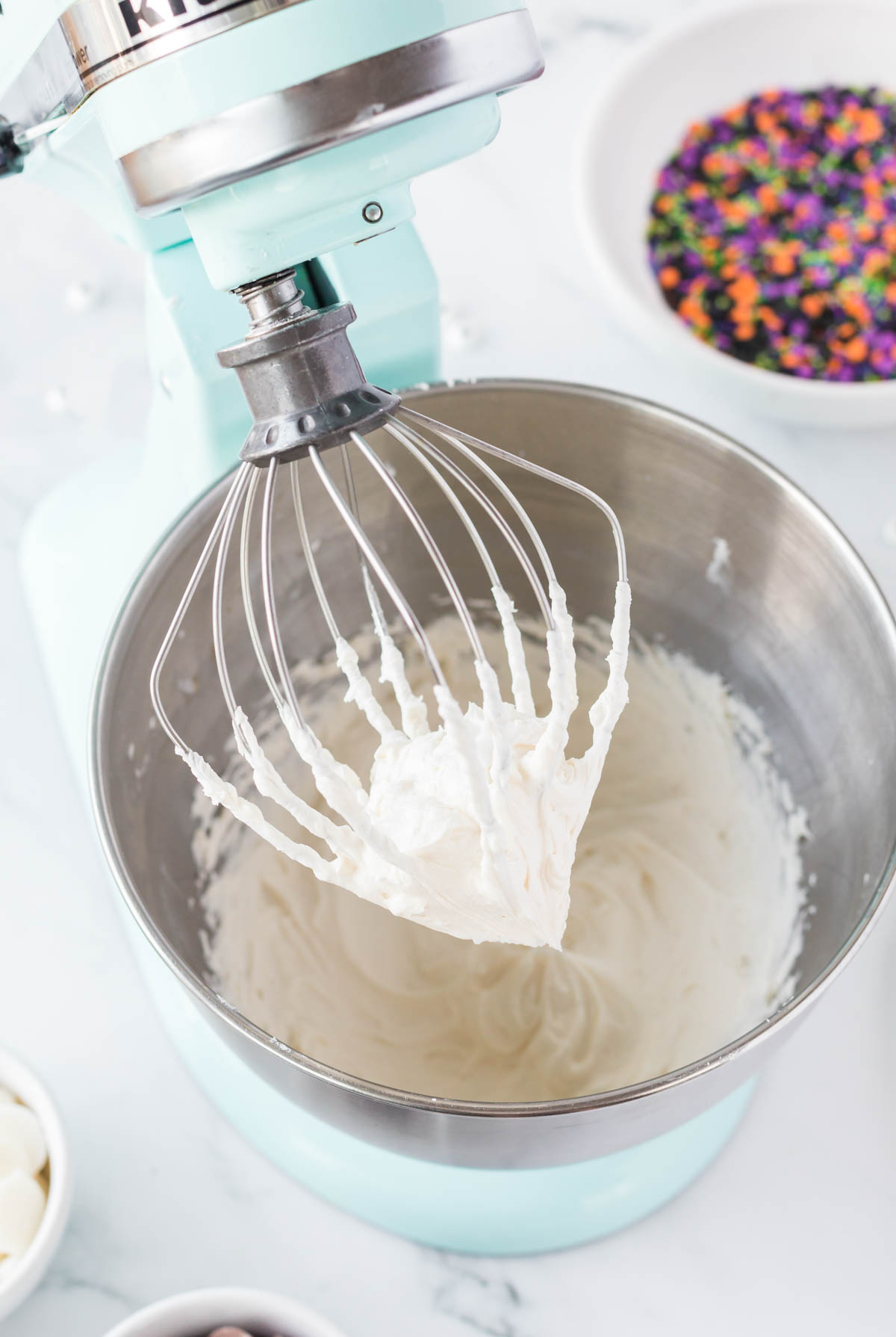 vanilla buttercream in a stand mixer