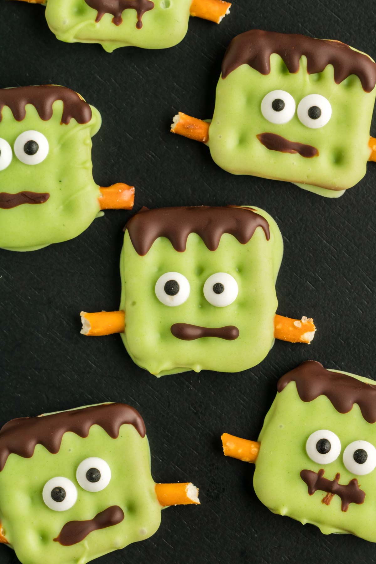 green Halloween pretzels that look like Frankenstein