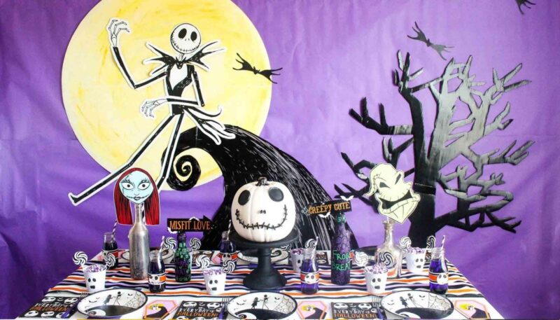food table with nightmare before christmas decorations