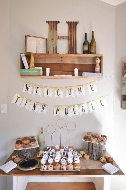 food table with harry potter themed banner