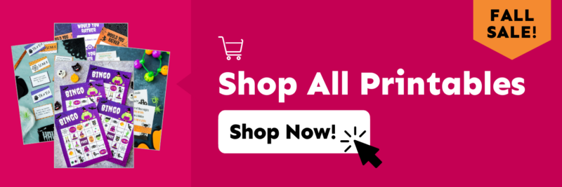 Pink banner with images of printable games and a shop button
